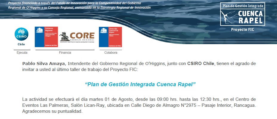 SCIRO INVITA A ÚLTIMO TALLER PARTICIPATIVO DE GESTIÓN INTEGRADA DE CUENCA RAPEL